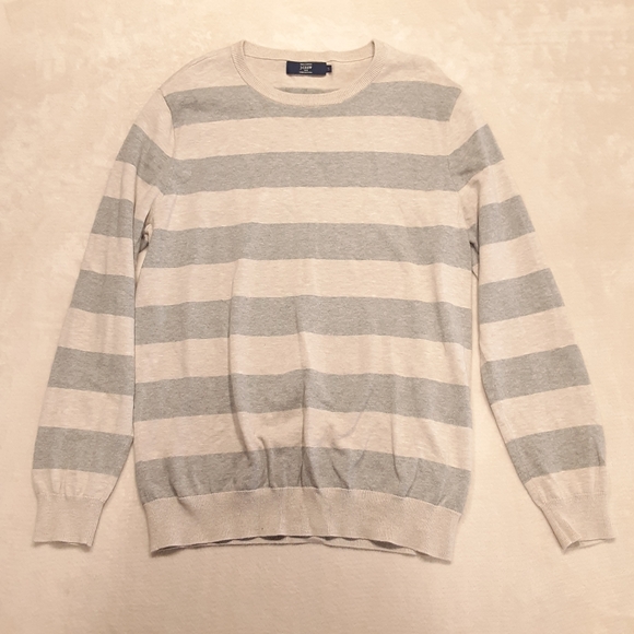 J.Crew Mens Cotton Crewneck Sweater Large-Tall Beige Gray Striped - Picture 1 of 9
